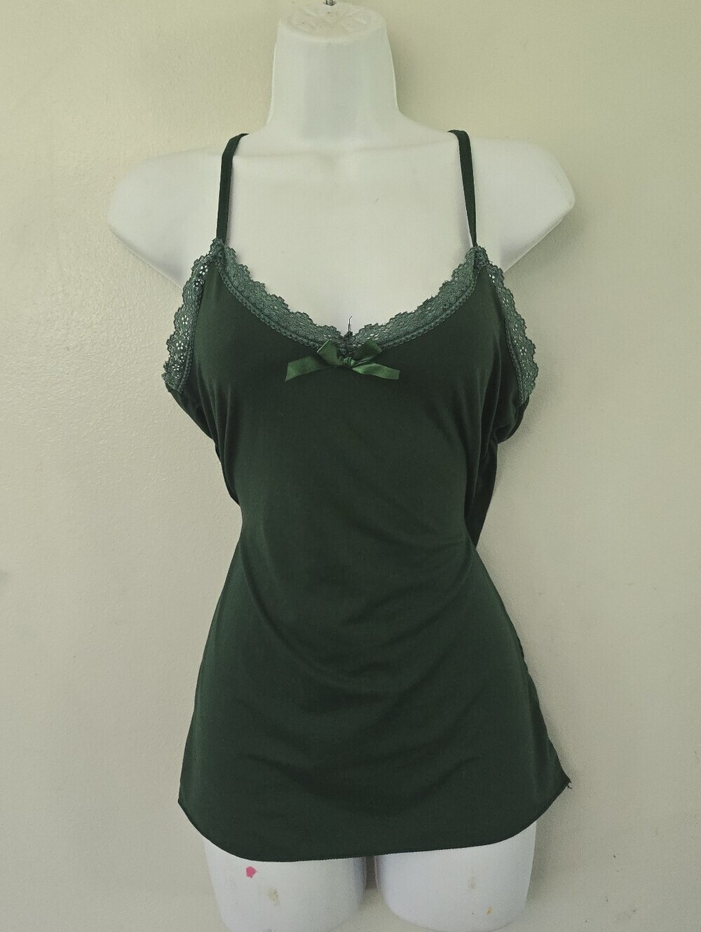 Emme Jordan Cami Camisole Tank Top Sleep? Green Bow Soft Lace Size Small